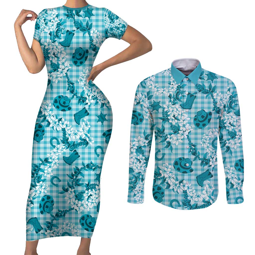 Mokihana Maile Ilima Leis Paniolo Palaka Couples Matching Short Sleeve Bodycon Dress and Long Sleeve Button Shirt Hawaiian Polu Opa Spirit - Polynesian Pride