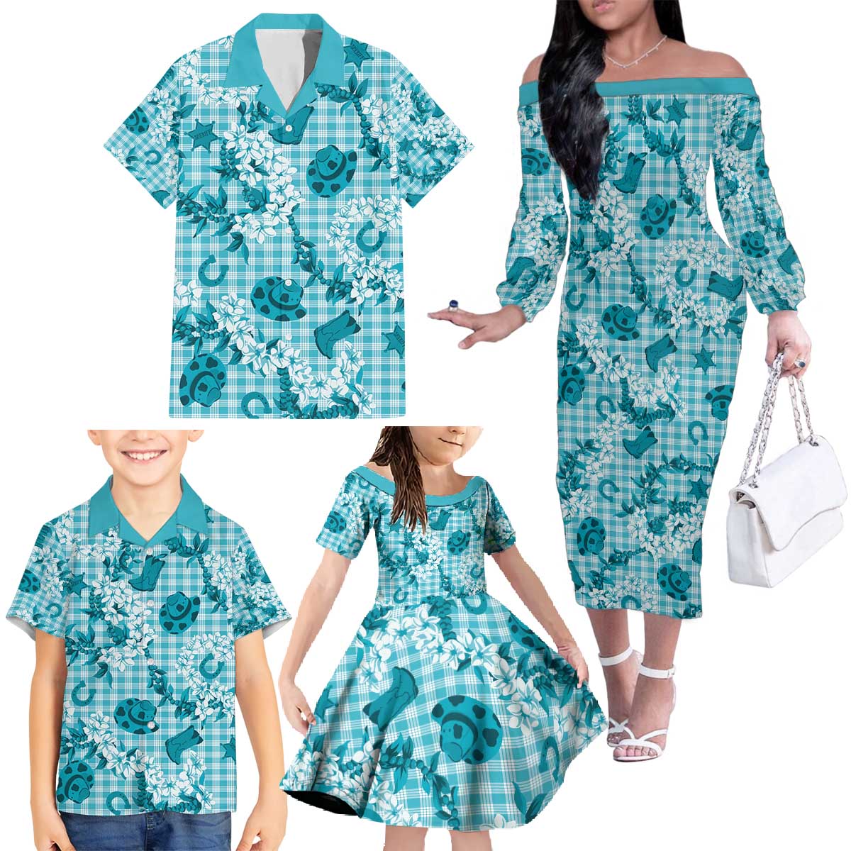 Mokihana Maile Ilima Leis Paniolo Palaka Family Matching Off The Shoulder Long Sleeve Dress and Hawaiian Shirt Hawaiian Polu Opa Spirit - Polynesian Pride