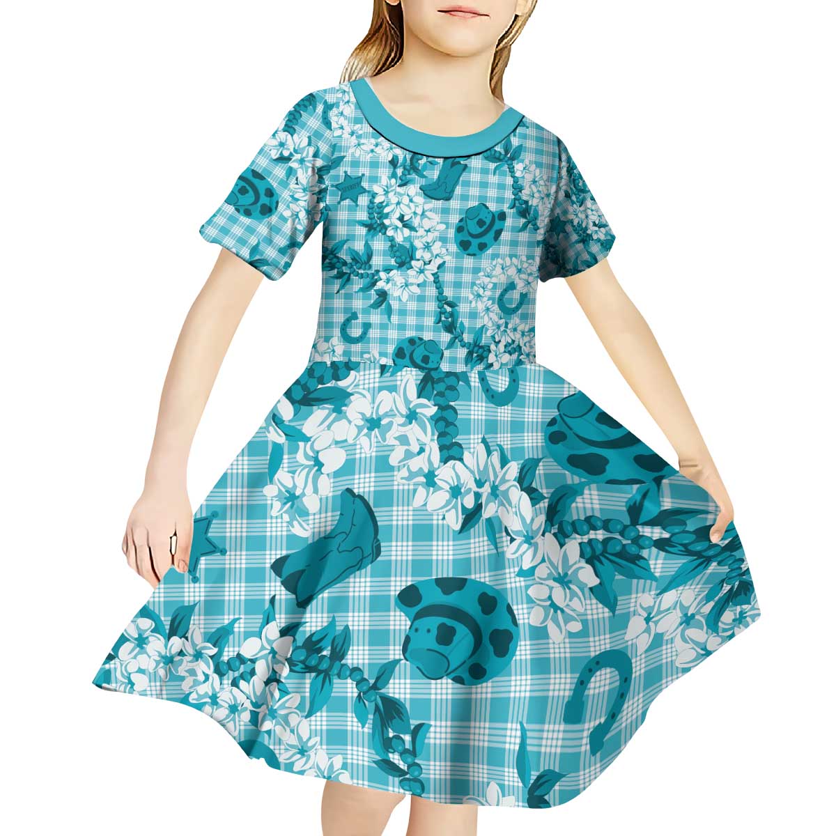 Mokihana Maile Ilima Leis Paniolo Palaka Kid Short Sleeve Dress Hawaiian Polu Opa Spirit - Polynesian Pride
