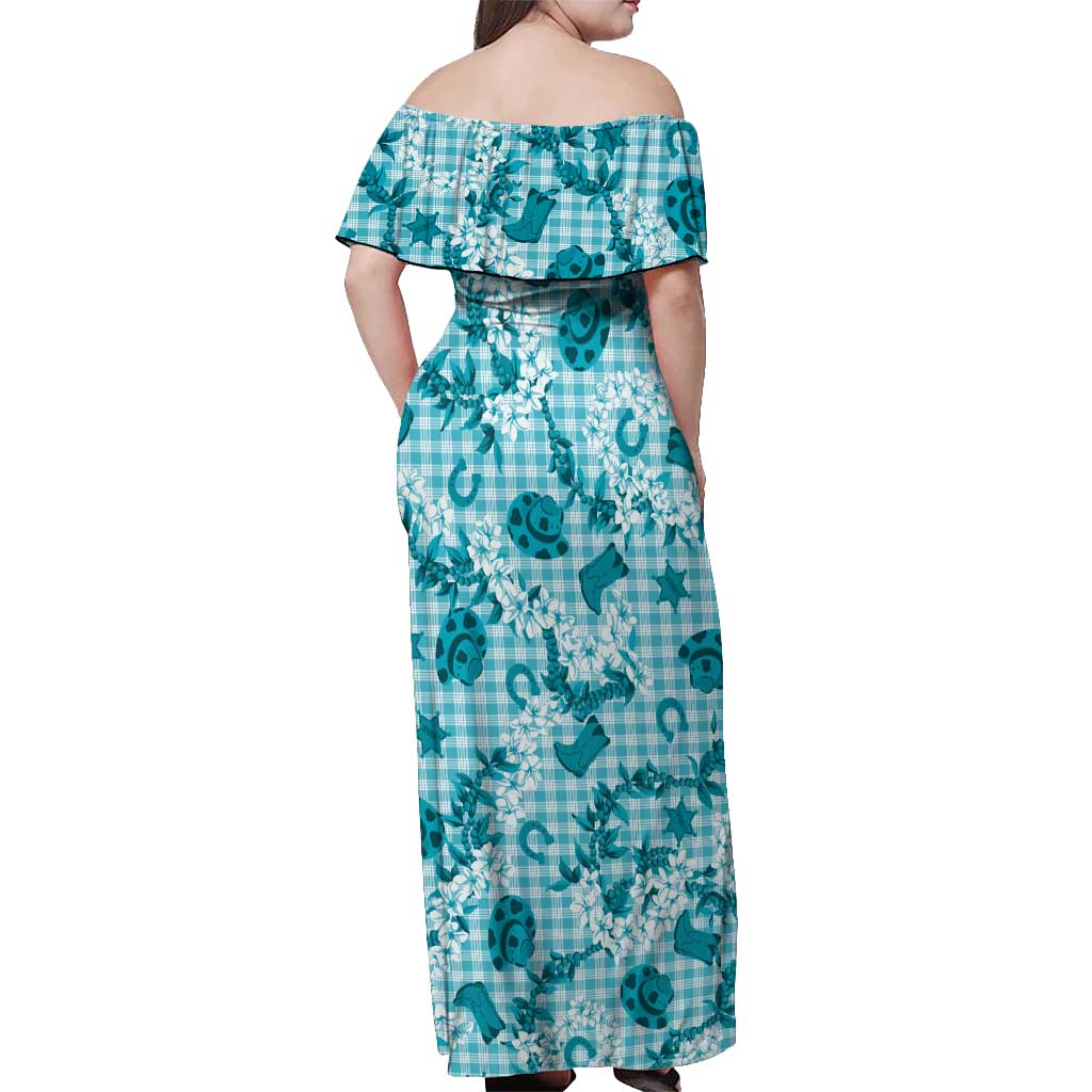Mokihana Maile Ilima Leis Paniolo Palaka Off Shoulder Maxi Dress Hawaiian Polu Opa Spirit - Polynesian Pride