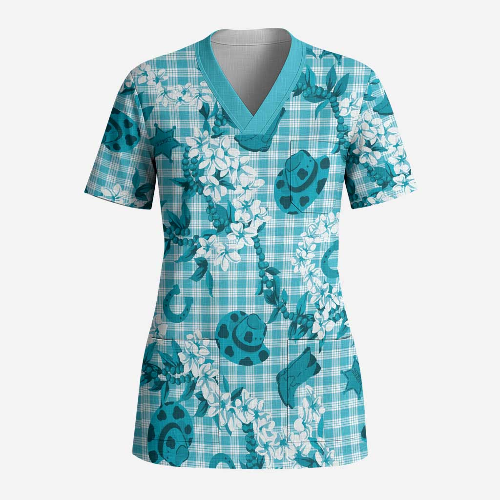 Mokihana Maile Ilima Leis Paniolo Palaka Scrub Top Hawaiian Polu Opa Spirit LT9 Adult Turquoise - Polynesian Pride