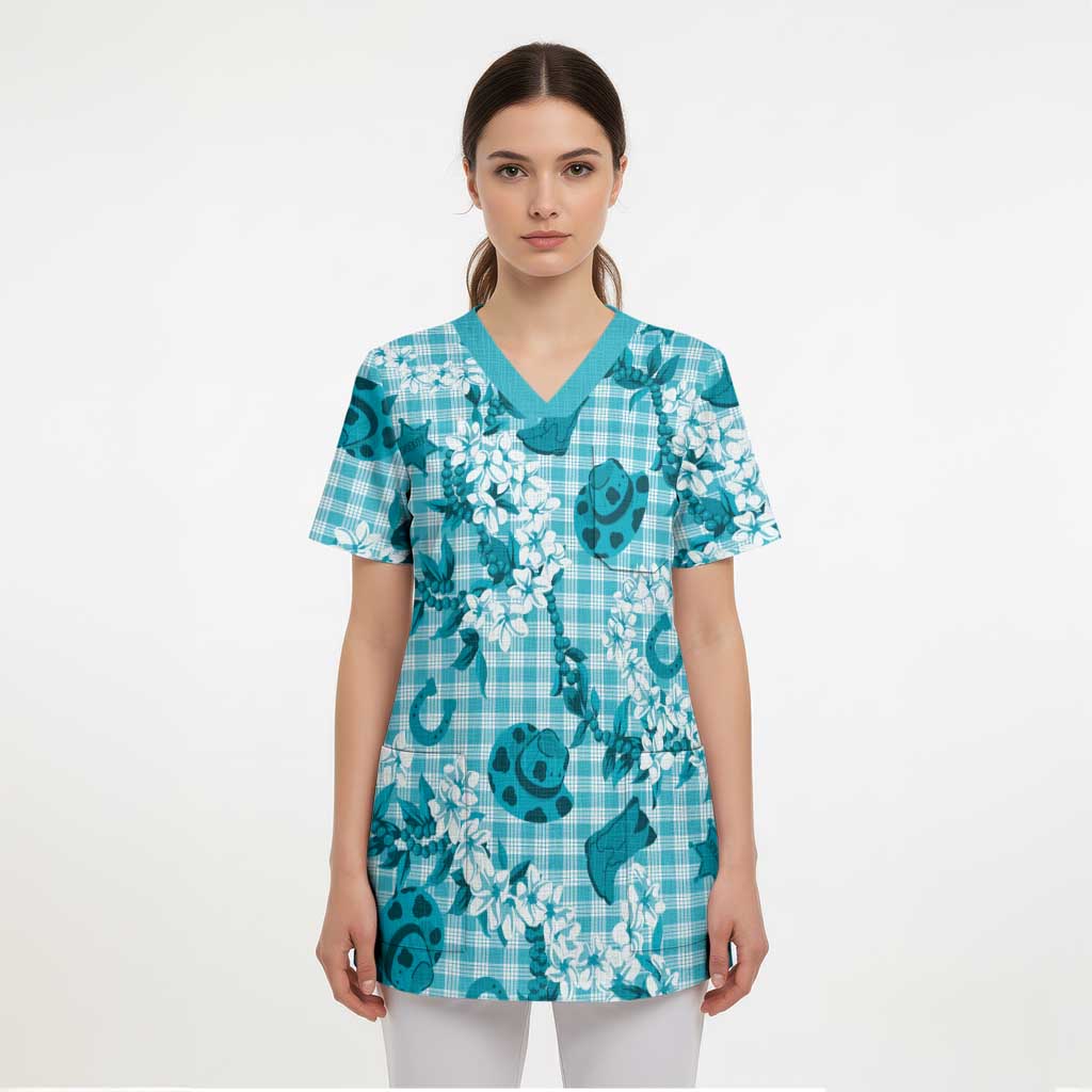 Mokihana Maile Ilima Leis Paniolo Palaka Scrub Top Hawaiian Polu Opa Spirit LT9 - Polynesian Pride