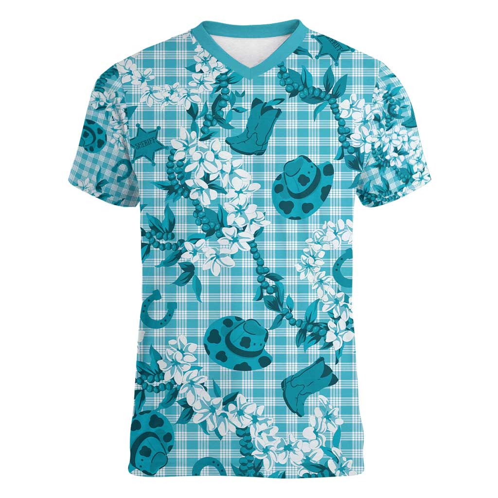 Mokihana Maile Ilima Leis Paniolo Palaka Women V-Neck T-Shirt Hawaiian Polu Opa Spirit - Polynesian Pride