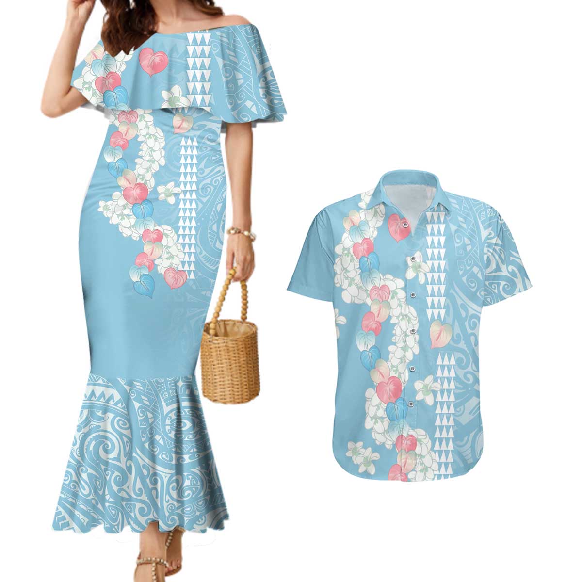 Blue Hawaii Anthurium Plumeria Lei Couples Matching Mermaid Dress and Hawaiian Shirt LT9 Blue - Polynesian Pride