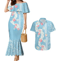 Blue Hawaii Anthurium Plumeria Lei Couples Matching Mermaid Dress and Hawaiian Shirt LT9 Blue - Polynesian Pride