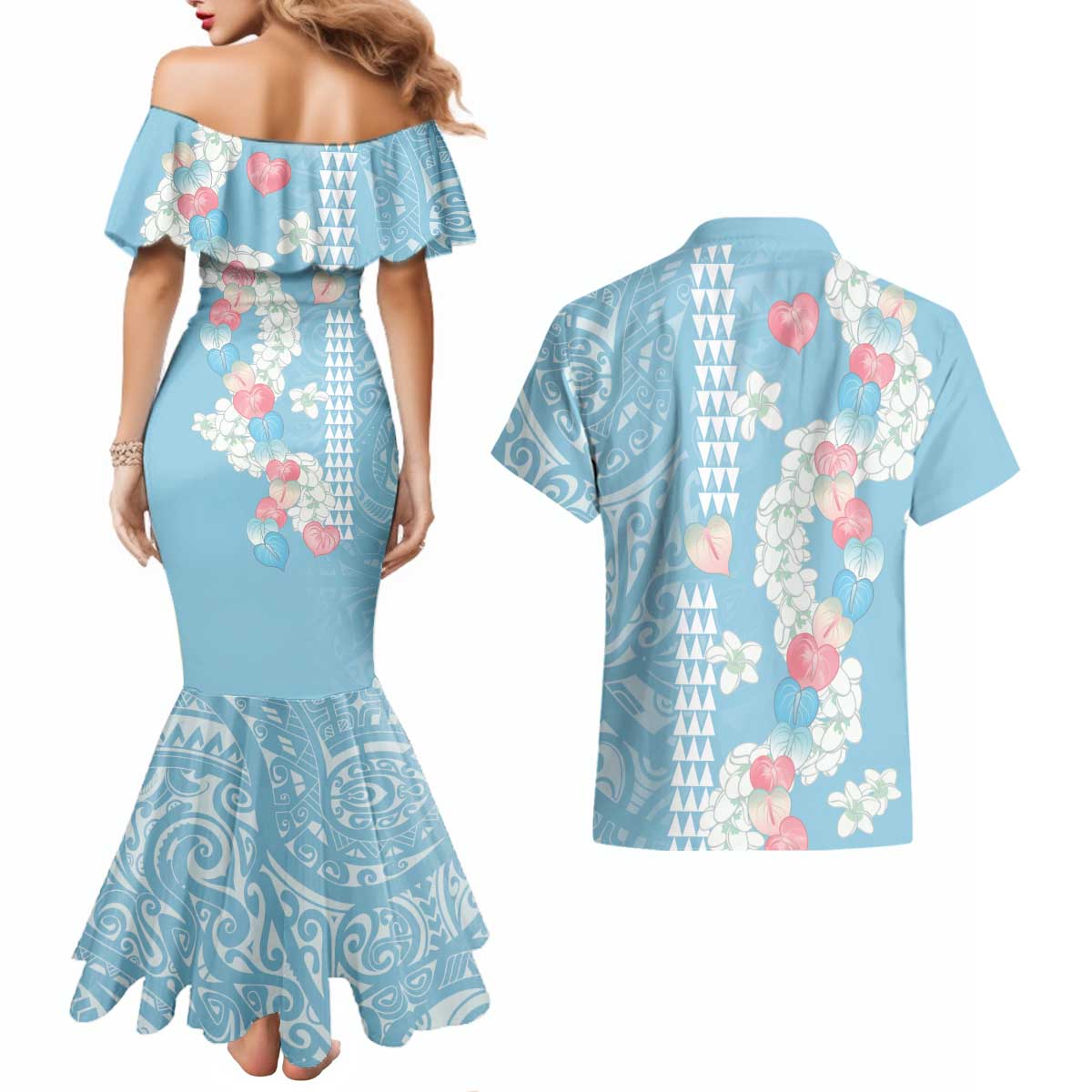 Blue Hawaii Anthurium Plumeria Lei Couples Matching Mermaid Dress and Hawaiian Shirt LT9 - Polynesian Pride