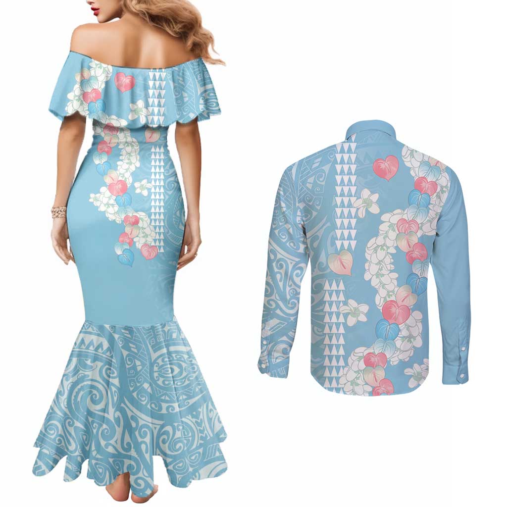 Blue Hawaii Anthurium Plumeria Lei Couples Matching Mermaid Dress and Long Sleeve Button Shirt