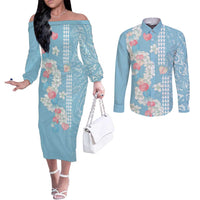 Blue Hawaii Anthurium Plumeria Lei Couples Matching Off The Shoulder Long Sleeve Dress and Long Sleeve Button Shirt LT9 Blue - Polynesian Pride