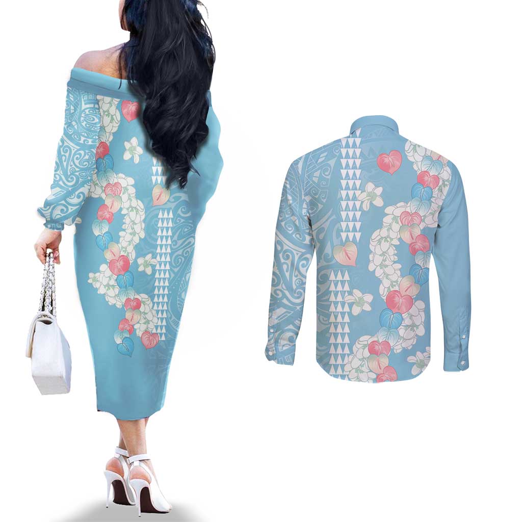 Blue Hawaii Anthurium Plumeria Lei Couples Matching Off The Shoulder Long Sleeve Dress and Long Sleeve Button Shirt LT9 - Polynesian Pride