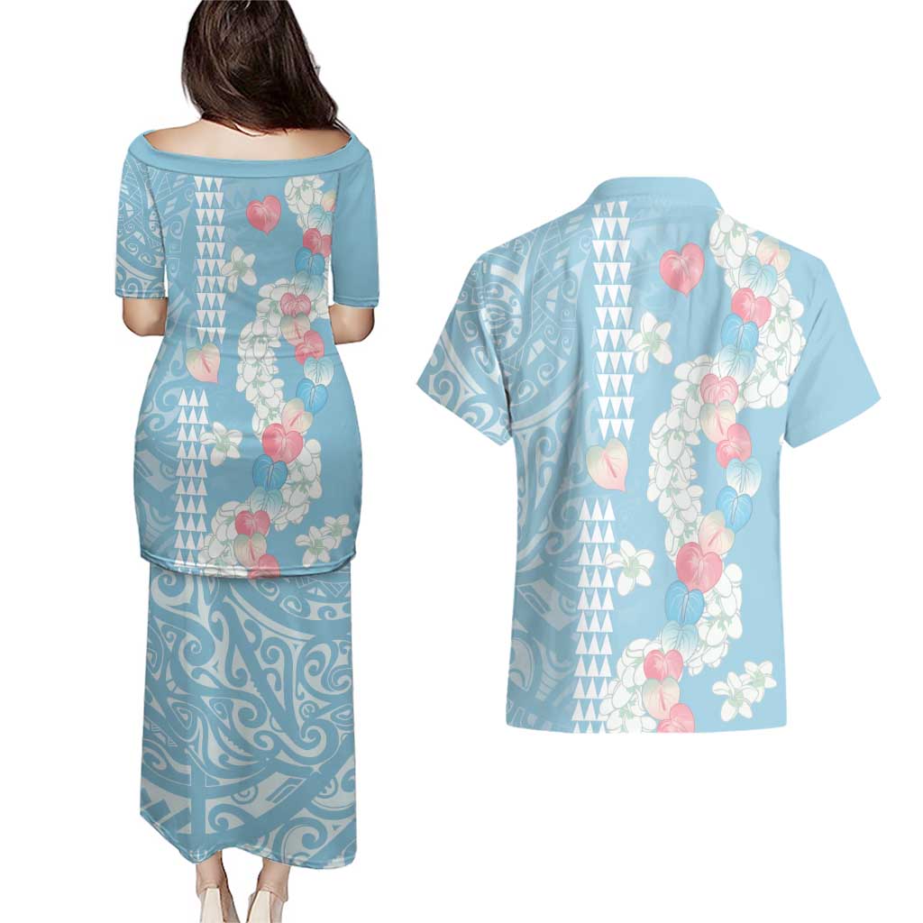 Blue Hawaii Anthurium Plumeria Lei Couples Matching Puletasi and Hawaiian Shirt
