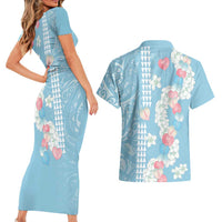 Blue Hawaii Anthurium Plumeria Lei Couples Matching Short Sleeve Bodycon Dress and Hawaiian Shirt