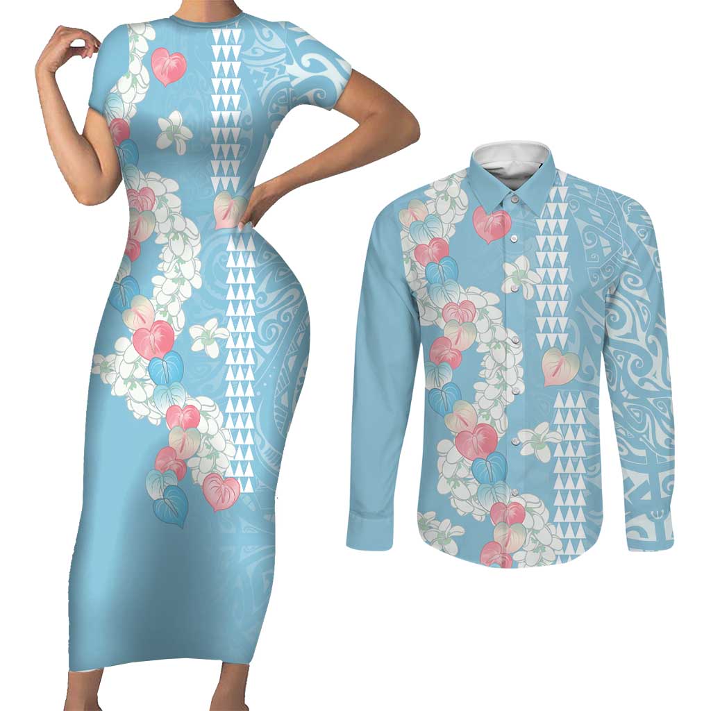 Blue Hawaii Anthurium Plumeria Lei Couples Matching Short Sleeve Bodycon Dress and Long Sleeve Button Shirt LT9 Blue - Polynesian Pride
