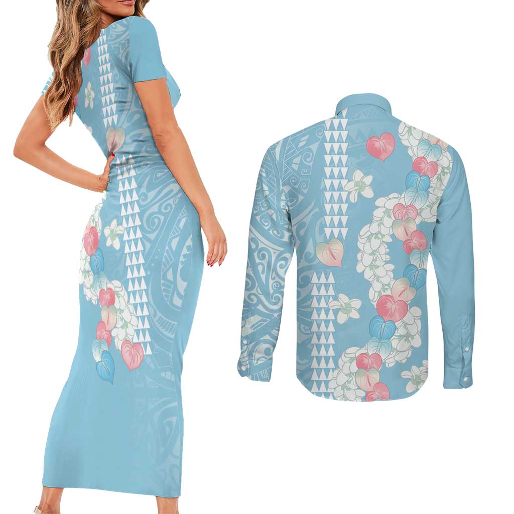 Blue Hawaii Anthurium Plumeria Lei Couples Matching Short Sleeve Bodycon Dress and Long Sleeve Button Shirt LT9 - Polynesian Pride