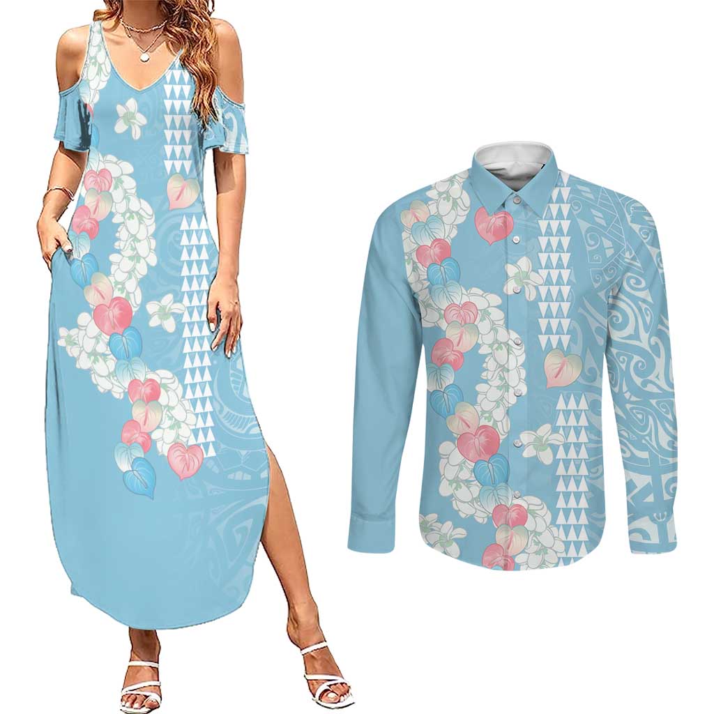 Blue Hawaii Anthurium Plumeria Lei Couples Matching Summer Maxi Dress and Long Sleeve Button Shirt