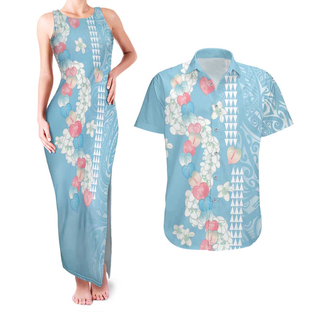 Blue Hawaii Anthurium Plumeria Lei Couples Matching Tank Maxi Dress and Hawaiian Shirt LT9 Blue - Polynesian Pride
