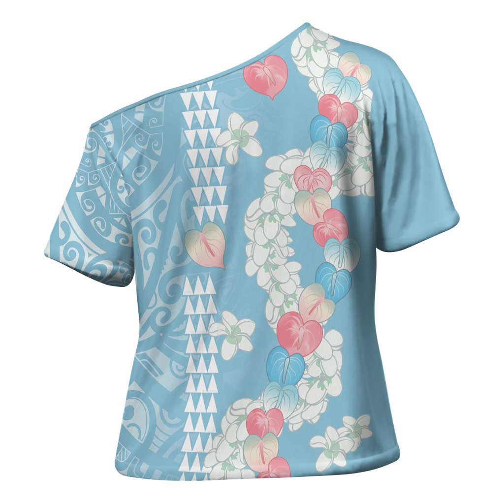 Blue Hawaii Anthurium Plumeria Lei Cross Shoulder Shirt