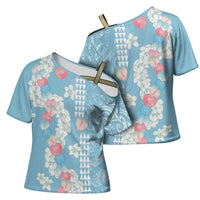 Blue Hawaii Anthurium Plumeria Lei Cross Shoulder Shirt