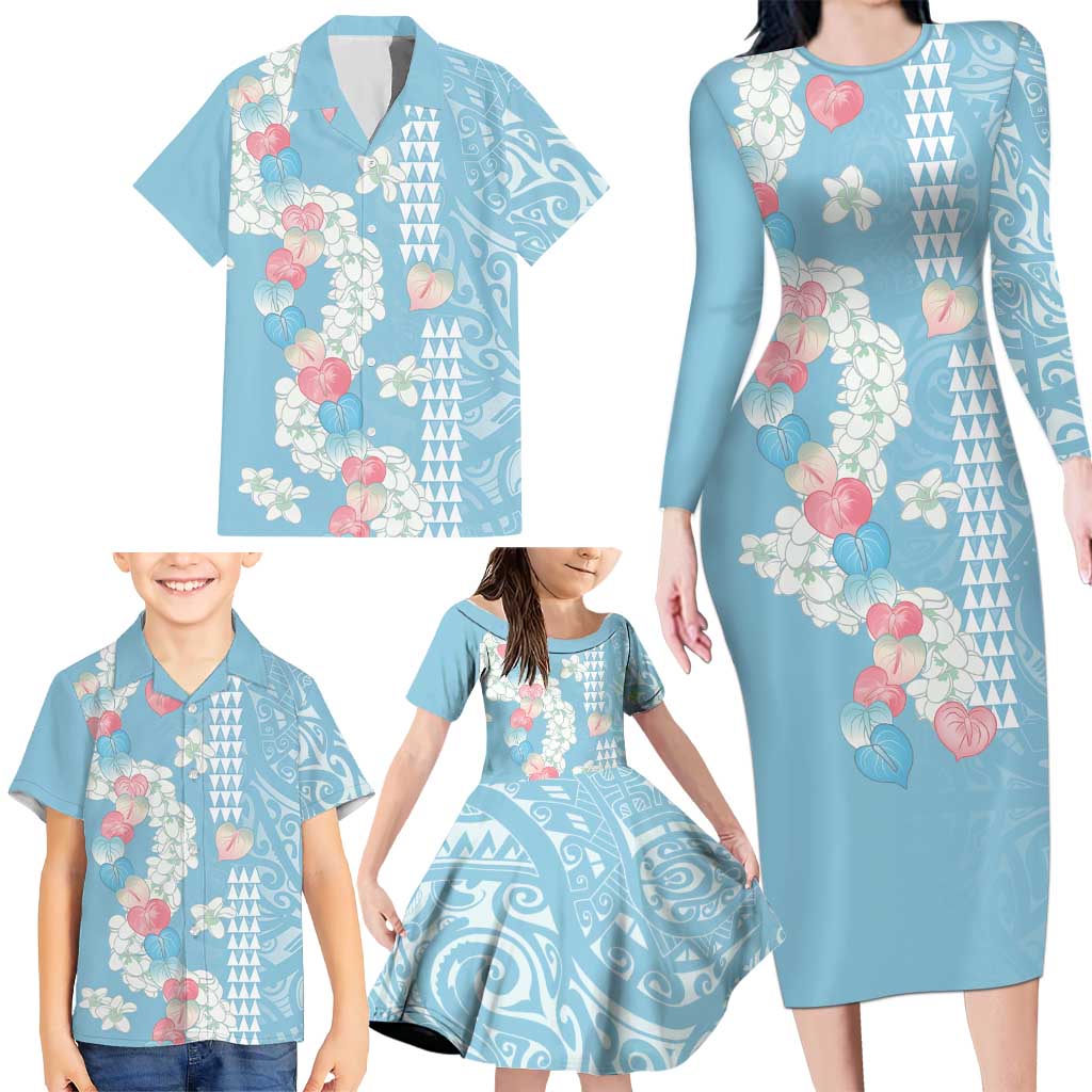 Blue Hawaii Anthurium Plumeria Lei Family Matching Long Sleeve Bodycon Dress and Hawaiian Shirt