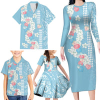 Blue Hawaii Anthurium Plumeria Lei Family Matching Long Sleeve Bodycon Dress and Hawaiian Shirt LT9 - Polynesian Pride