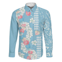 Blue Hawaii Anthurium Plumeria Lei Family Matching Long Sleeve Bodycon Dress and Hawaiian Shirt LT9 Dad's Shirt - Long Sleeve Blue - Polynesian Pride