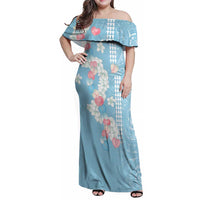 Blue Hawaii Anthurium Plumeria Lei Family Matching Off Shoulder Maxi Dress and Hawaiian Shirt
