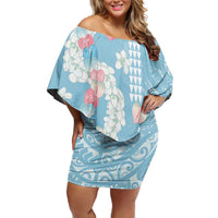 Blue Hawaii Anthurium Plumeria Lei Family Matching Off Shoulder Short Dress and Hawaiian Shirt