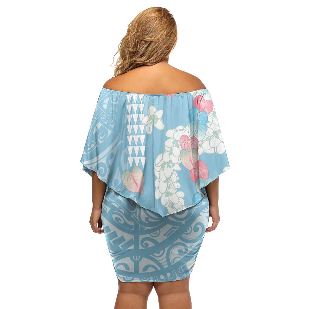 Blue Hawaii Anthurium Plumeria Lei Family Matching Off Shoulder Short Dress and Hawaiian Shirt