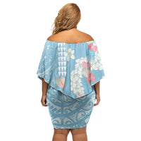 Blue Hawaii Anthurium Plumeria Lei Family Matching Off Shoulder Short Dress and Hawaiian Shirt