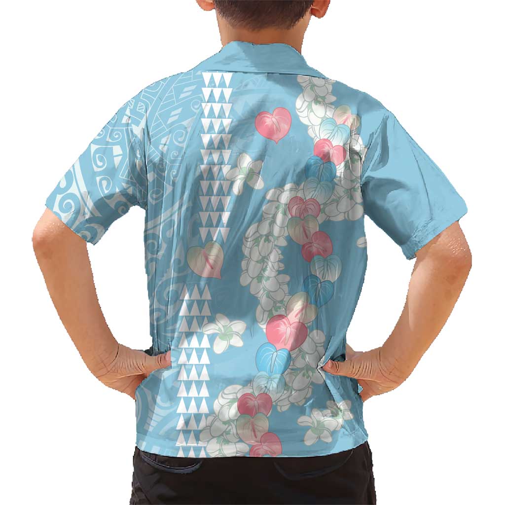 Blue Hawaii Anthurium Plumeria Lei Family Matching Puletasi and Hawaiian Shirt