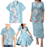 Blue Hawaii Anthurium Plumeria Lei Family Matching Puletasi and Hawaiian Shirt