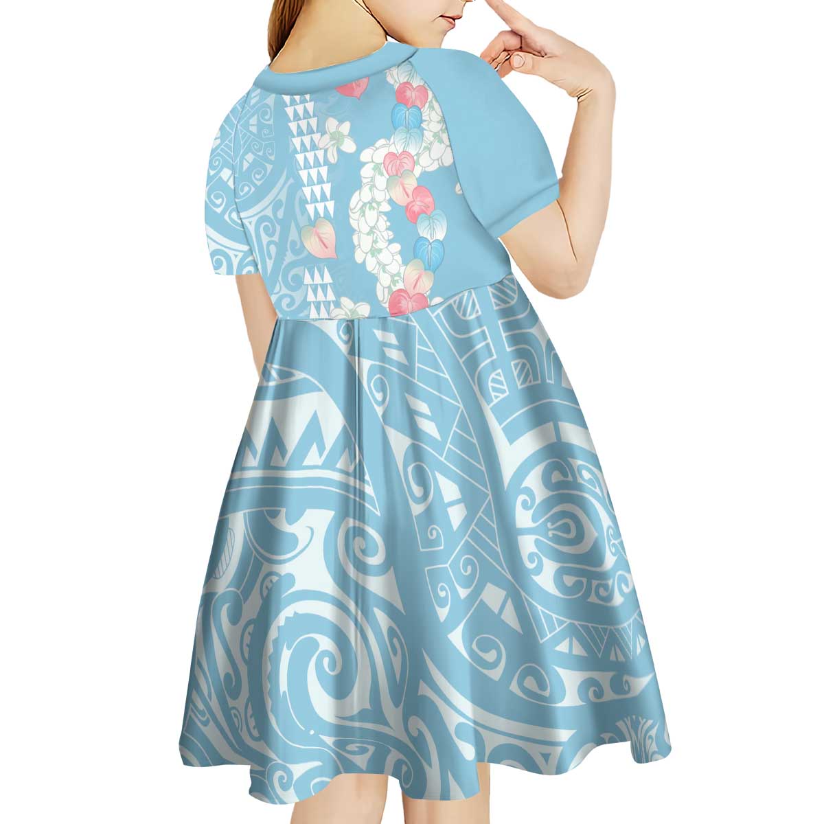 Blue Hawaii Anthurium Plumeria Lei Kid Short Sleeve Dress