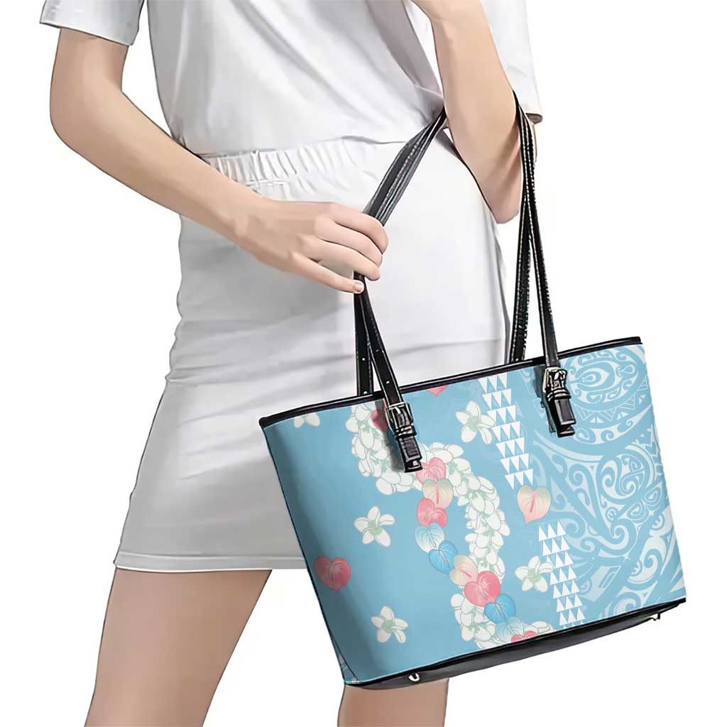 Blue Hawaii Anthurium Plumeria Lei Leather Tote Bag