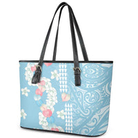 Blue Hawaii Anthurium Plumeria Lei Leather Tote Bag