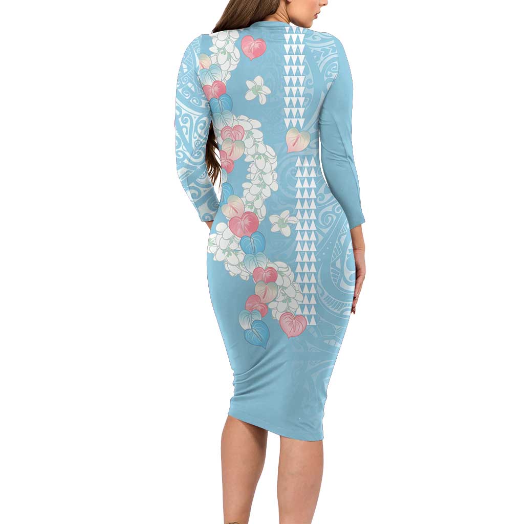 Blue Hawaii Anthurium Plumeria Lei Long Sleeve Bodycon Dress