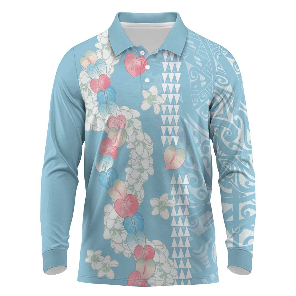 Blue Hawaii Anthurium Plumeria Lei Long Sleeve Polo Shirt