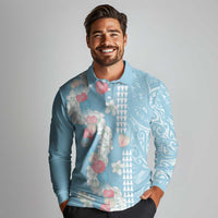 Blue Hawaii Anthurium Plumeria Lei Long Sleeve Polo Shirt