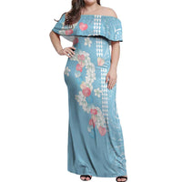 Blue Hawaii Anthurium Plumeria Lei Off Shoulder Maxi Dress