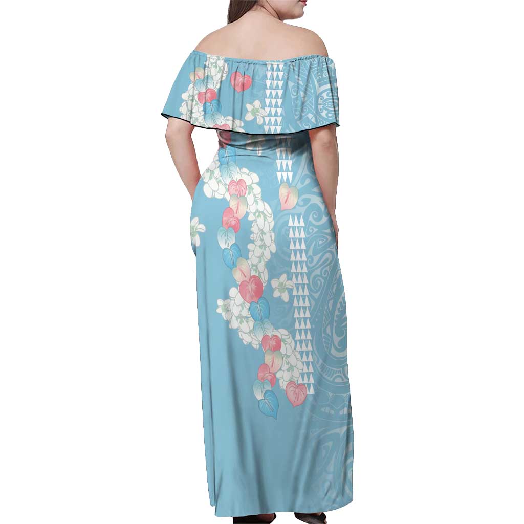 Blue Hawaii Anthurium Plumeria Lei Off Shoulder Maxi Dress
