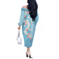 Blue Hawaii Anthurium Plumeria Lei Off The Shoulder Long Sleeve Dress