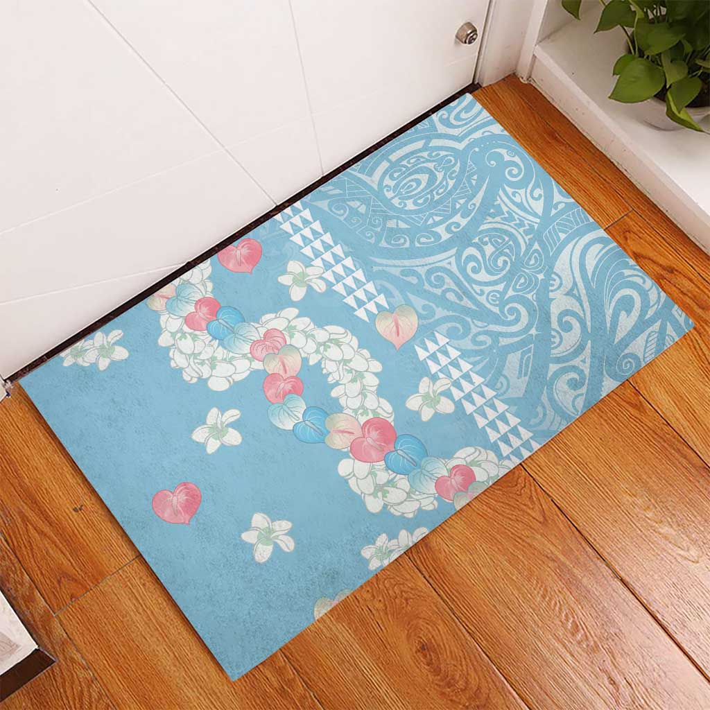 Blue Hawaii Anthurium Plumeria Lei Rubber Doormat