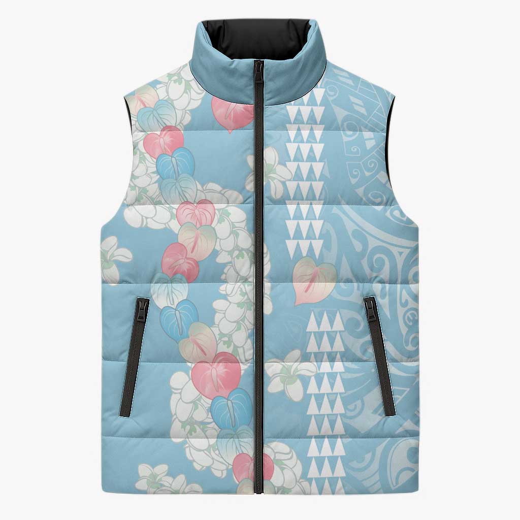 Blue Hawaii Anthurium Plumeria Lei Sleeveless Puffer Jacket