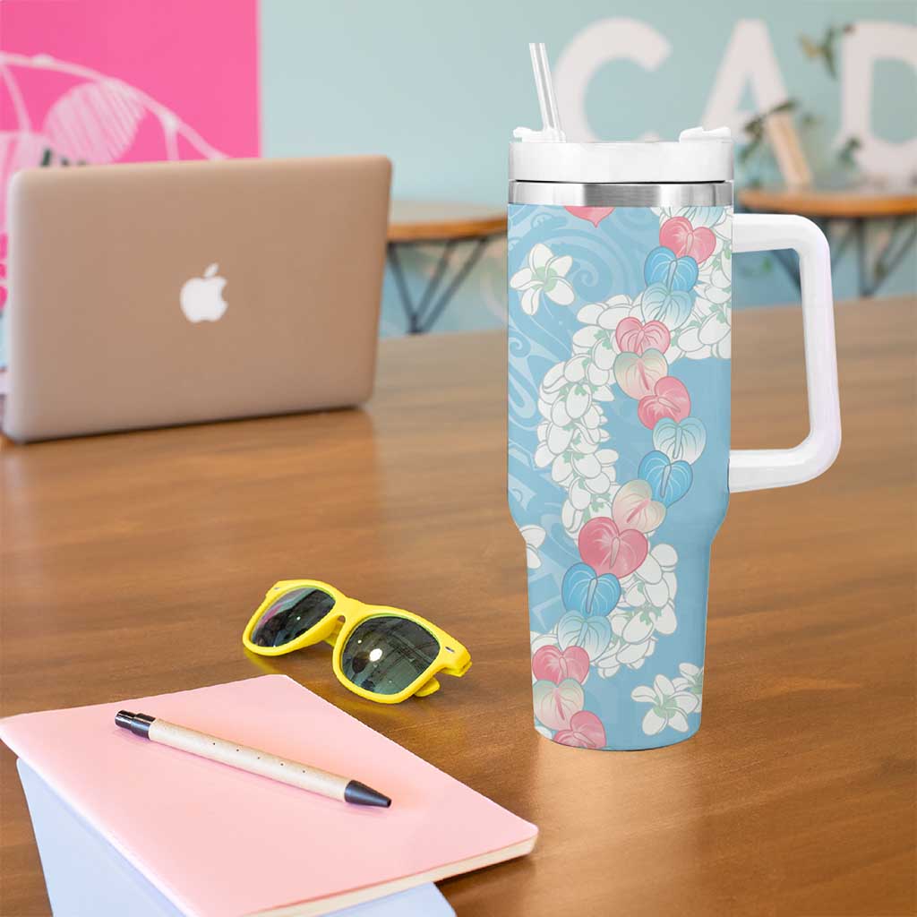 Blue Hawaii Anthurium Plumeria Lei Tumbler With Handle