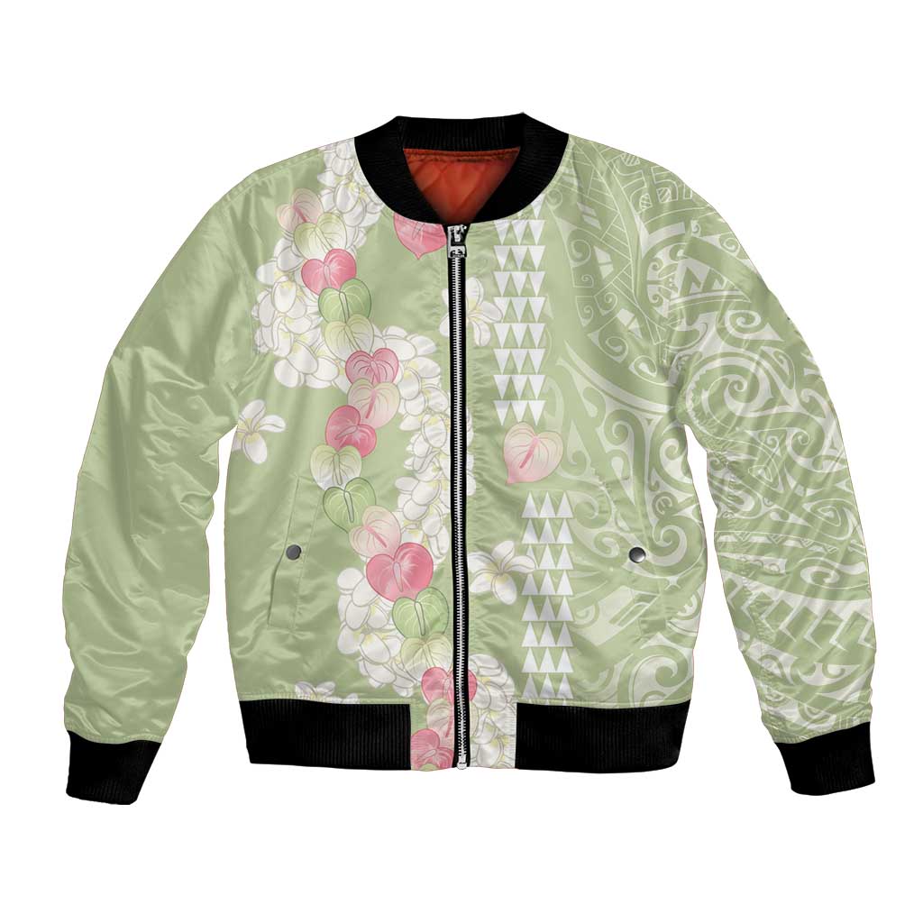 Leaf Green Hawaii Anthurium Plumeria Lei Bomber Jacket