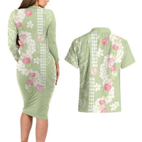 Leaf Green Hawaii Anthurium Plumeria Lei Couples Matching Long Sleeve Bodycon Dress and Hawaiian Shirt