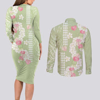 Leaf Green Hawaii Anthurium Plumeria Lei Couples Matching Long Sleeve Bodycon Dress and Long Sleeve Button Shirt