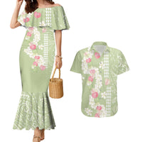 Leaf Green Hawaii Anthurium Plumeria Lei Couples Matching Mermaid Dress and Hawaiian Shirt