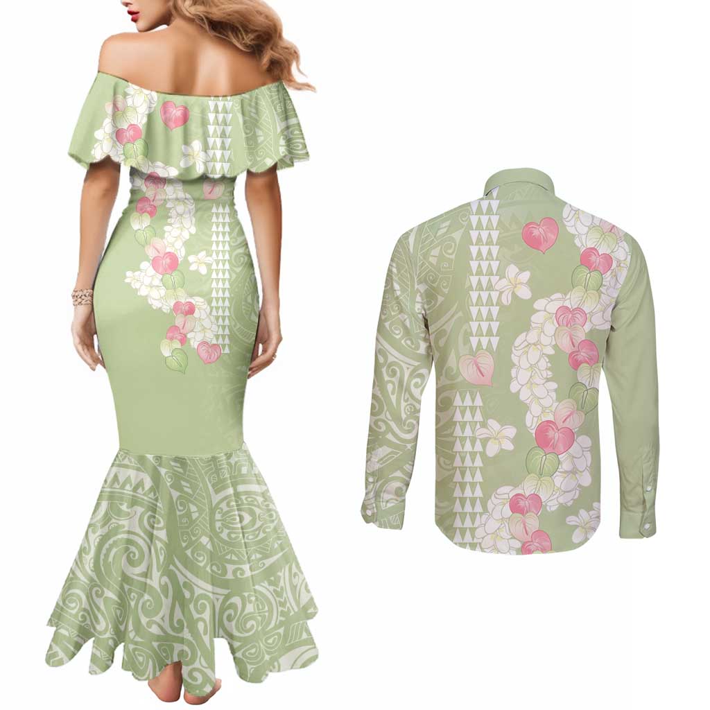Leaf Green Hawaii Anthurium Plumeria Lei Couples Matching Mermaid Dress and Long Sleeve Button Shirt