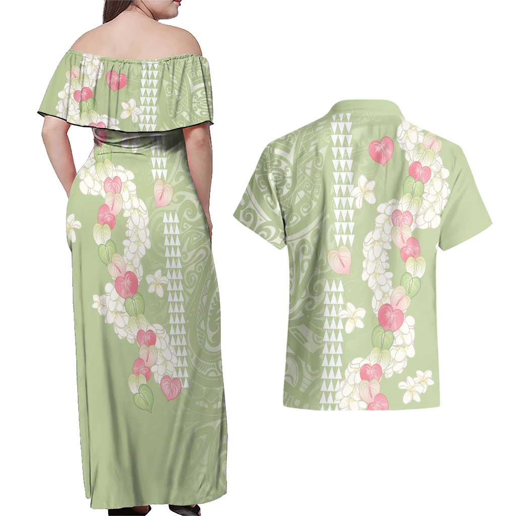 Leaf Green Hawaii Anthurium Plumeria Lei Couples Matching Off Shoulder Maxi Dress and Hawaiian Shirt