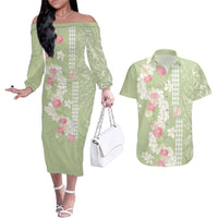 Leaf Green Hawaii Anthurium Plumeria Lei Couples Matching Off The Shoulder Long Sleeve Dress and Hawaiian Shirt LT9 Green - Polynesian Pride