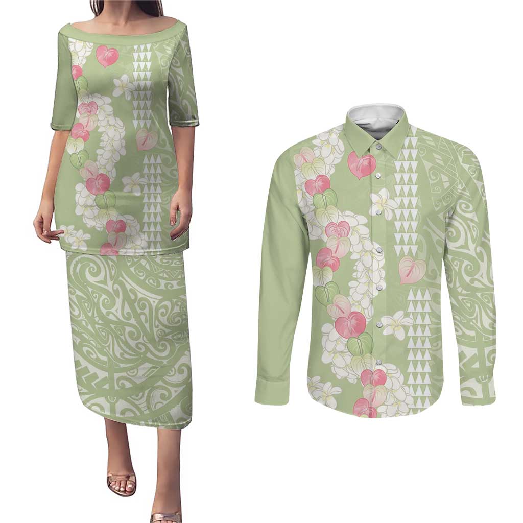 Leaf Green Hawaii Anthurium Plumeria Lei Couples Matching Puletasi and Long Sleeve Button Shirt